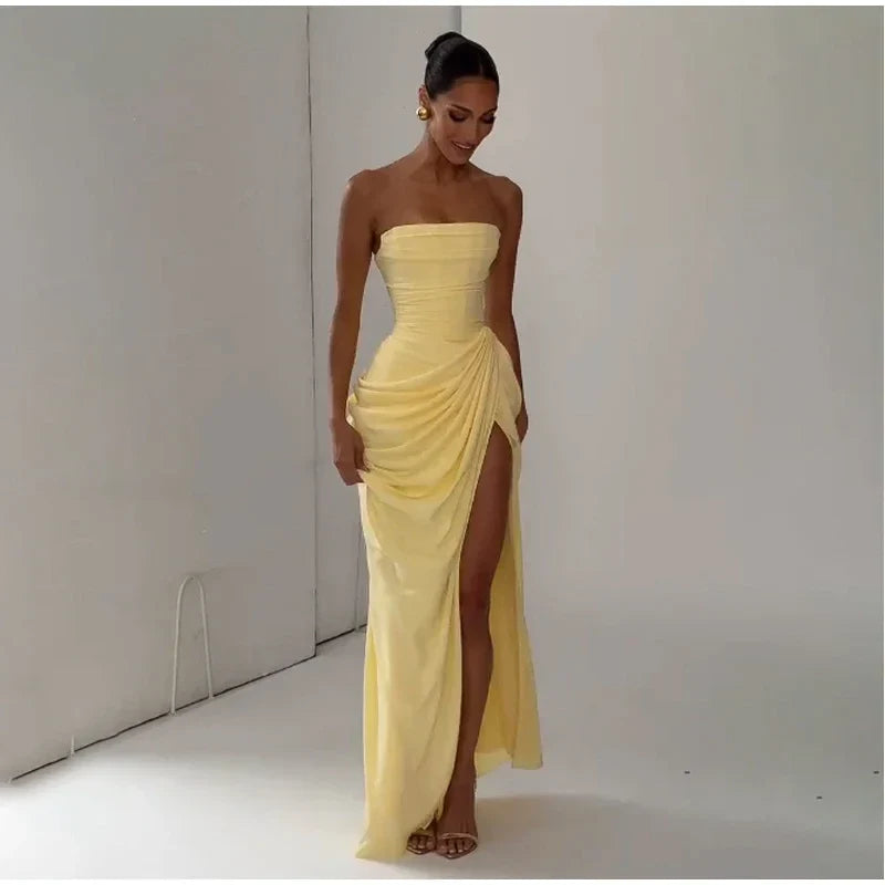 Women Strapless Pleated Long Dress Elegant Solid Split Sleeveless Backless High Waist Slim Fit Maxi Dresses 2026 Lady Party Robe