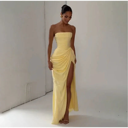 Women Strapless Pleated Long Dress Elegant Solid Split Sleeveless Backless High Waist Slim Fit Maxi Dresses 2026 Lady Party Robe