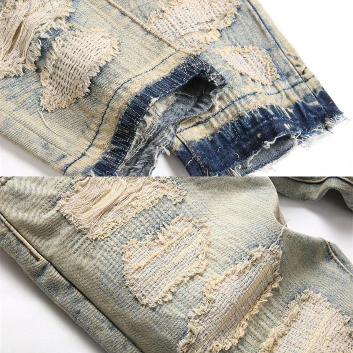 Summer Worn and Scratched Jeans Men's Small Feet Perforated Pockets Ragged Edges Long Pants Slim Fit Printing High Street Tide 2