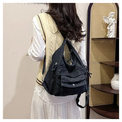 Solid Color Denim Trendy Shoulder Bag for 2025 High Quality Fashion Zipper Large Capacity Versatile Women's Crossbody Bag