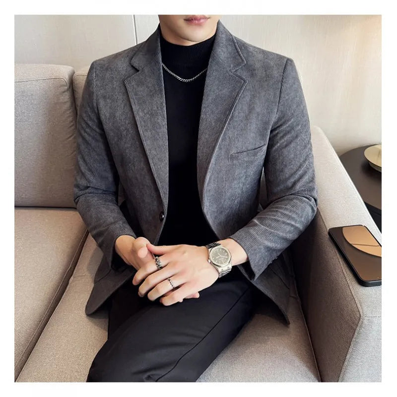 2026 Spring/Fall Men's Blue Suit Jacket, Black Long-Sleeve V-Neck Single-Breasted Formal Coats, Asian Fit Slim Cut.