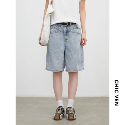 Fashion Women Shorts Mid-length Blue New Dividing Line Design Retro Washed Cotton Straight Leg Short Jeans Summer 2026