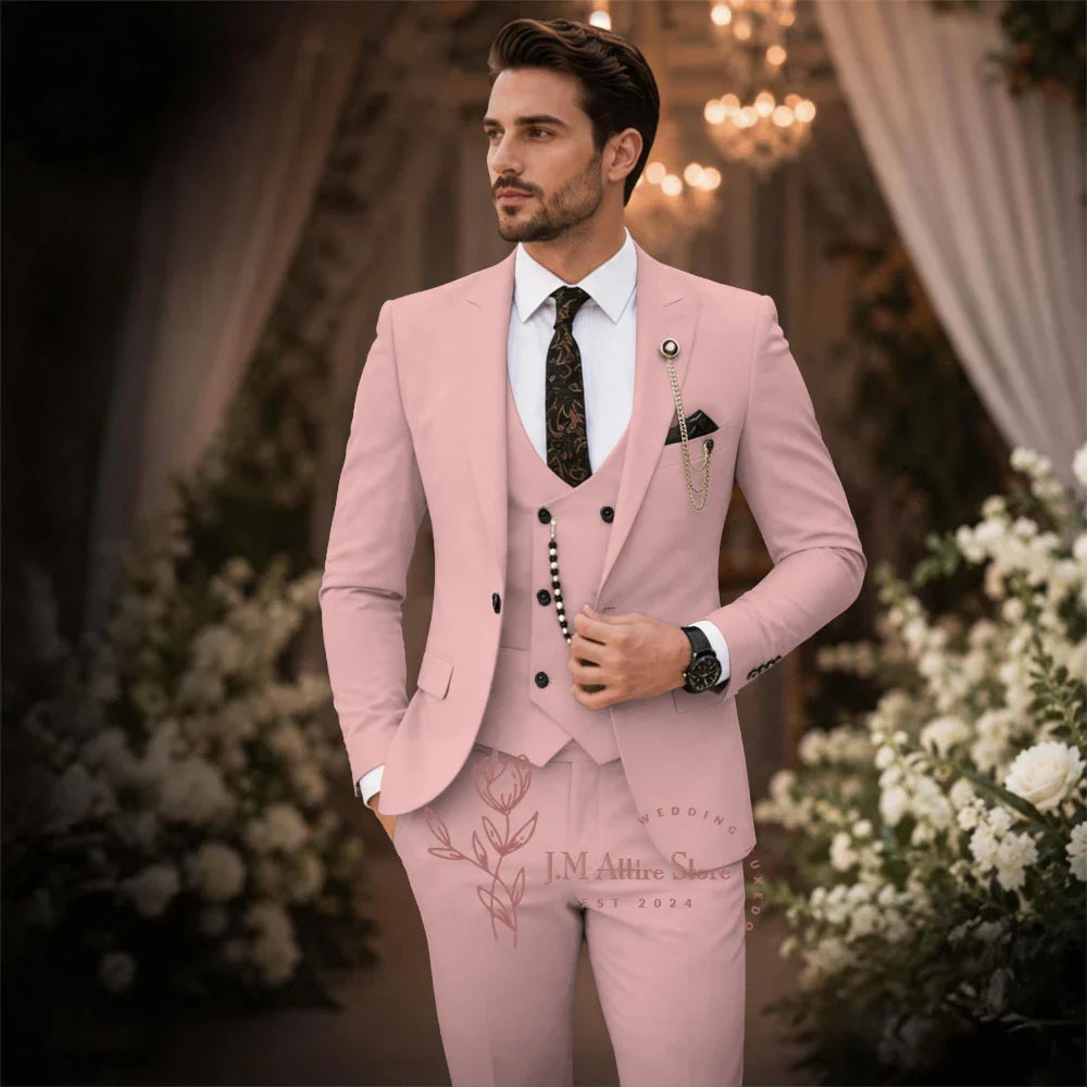 Sage Green Suit Men's 3 Piece Set Peak Lapel Jacket Vest Pants Custom Slim Fit for Wedding Groom Cocktail Party Tuxedo