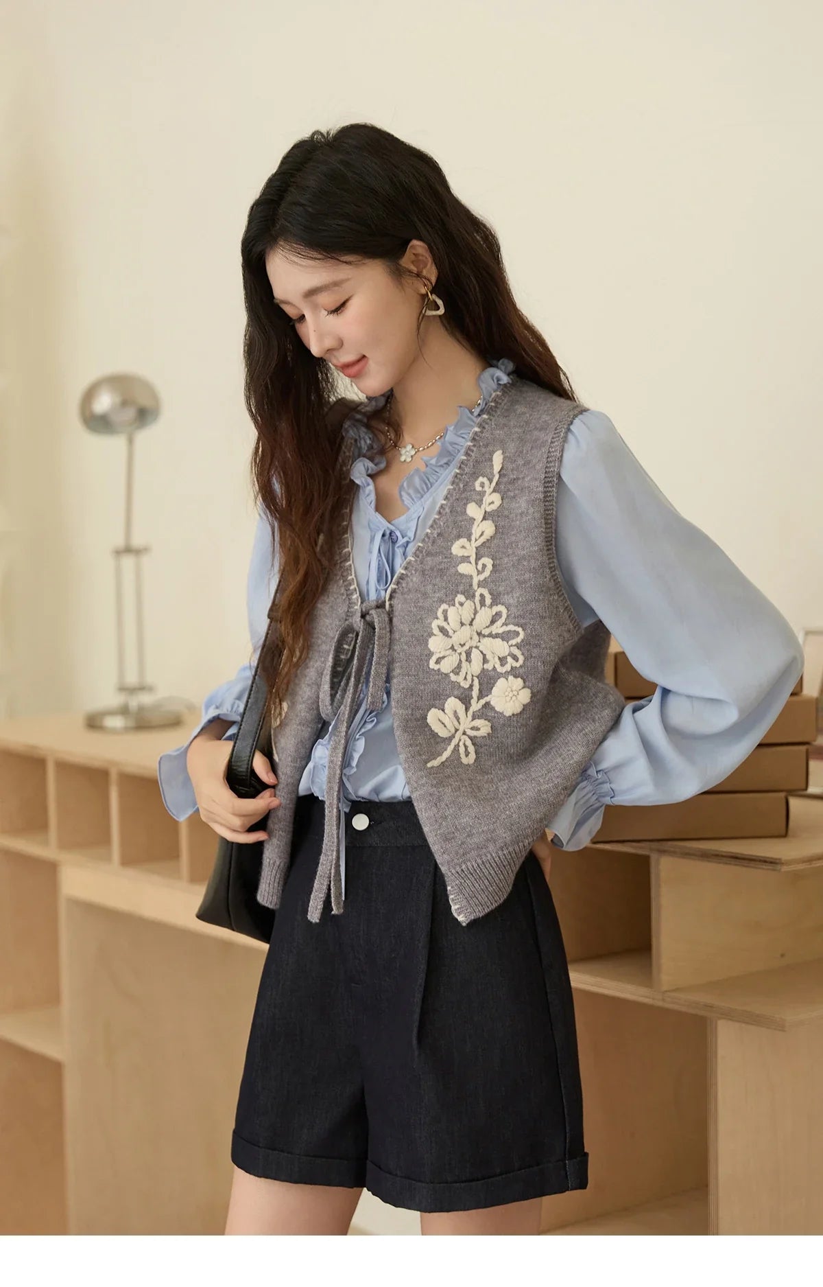 100% Lyocell Women's Blue Shirt 2025 Autumn French Ruffles Long Sleeves Ties Blouse Office Lady Elegant Top MXE45X2484