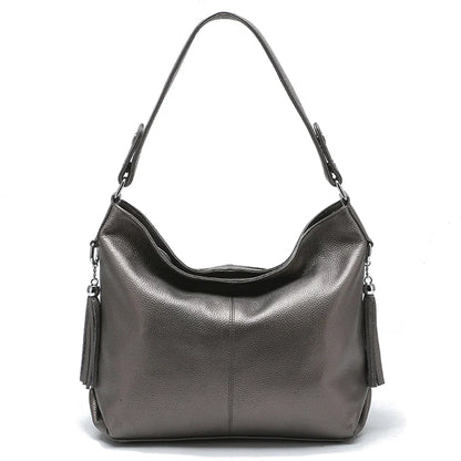 Elegant Beige Women Genuine Leather Handbag Hobo Bag Fashion Crossbody Tassel Big Capacity Shopper Tote Purse Sac Hot Sale