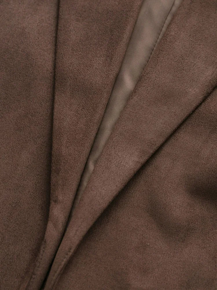Women's Chic Faux Suede Leather Blazer Coat Long Sleeve with Welt Pockets Fashion Outerwear