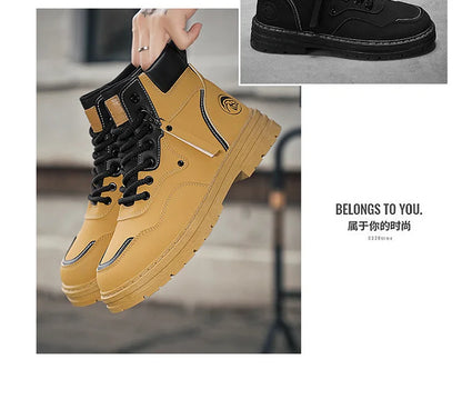 Men Boots  Autumn High Top British Korean Thick Soled Platform Comfortable Non Slip Short Boots Outdoor Lace Up Cotton Boots 202
