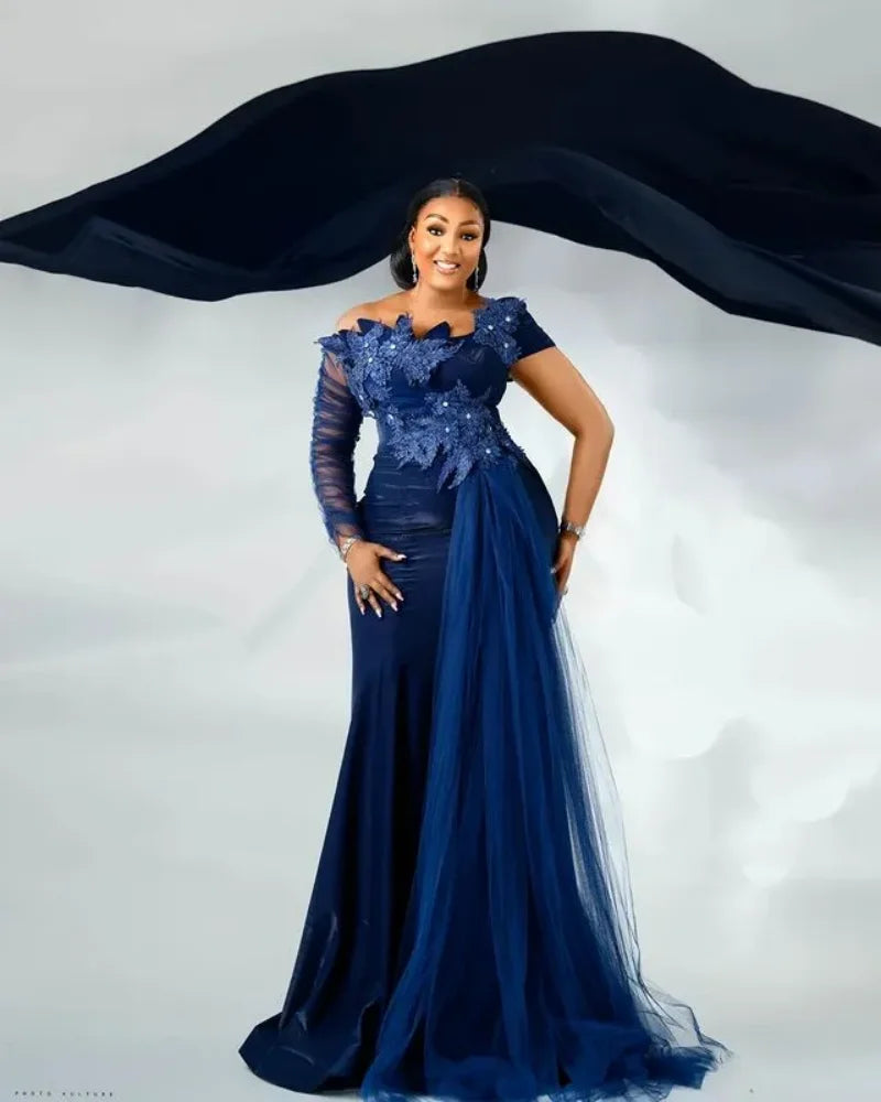 Aso Ebi Arabic Navy Blue Mermaid Evening Dresses Crystals Lace Formal Party Birthday Celebrity Mother Of Bride Gowns Customized