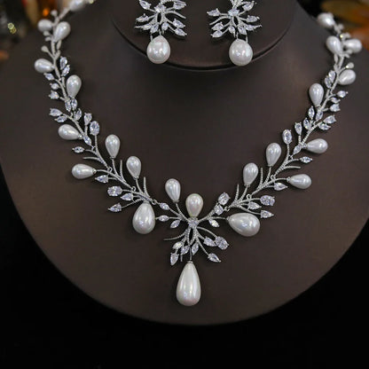 Luxury White Cubic Zirconia Big  Pearl Necklace and Earrings Wedding Bridal Party Jewelry Sets for Women Envio Gratis Todo X0470