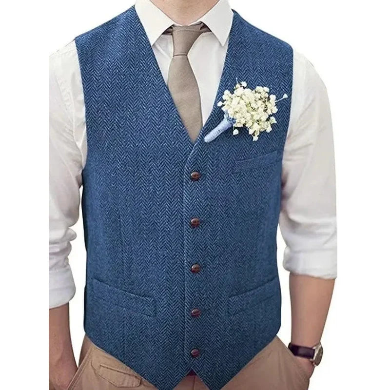 Men Vest Silver Herringbone V Neck Single Button Waistcoat For Wedding Banquet Birthday Business Casual Work Men Suit