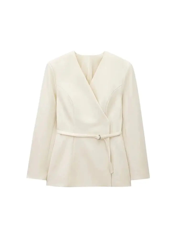 Women's Chic V-Neck Blazer Coat with Belt Long Sleeve Snap-Button Fashion Outerwear Top