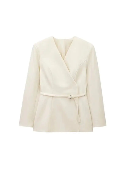 Women's Chic V-Neck Blazer Coat with Belt Long Sleeve Snap-Button Fashion Outerwear Top