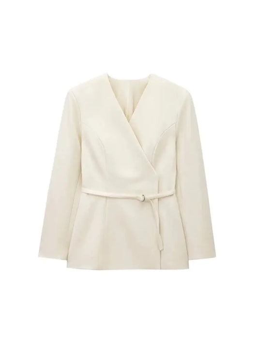 Women's Chic V-Neck Blazer Coat with Belt Long Sleeve Snap-Button Fashion Outerwear Top