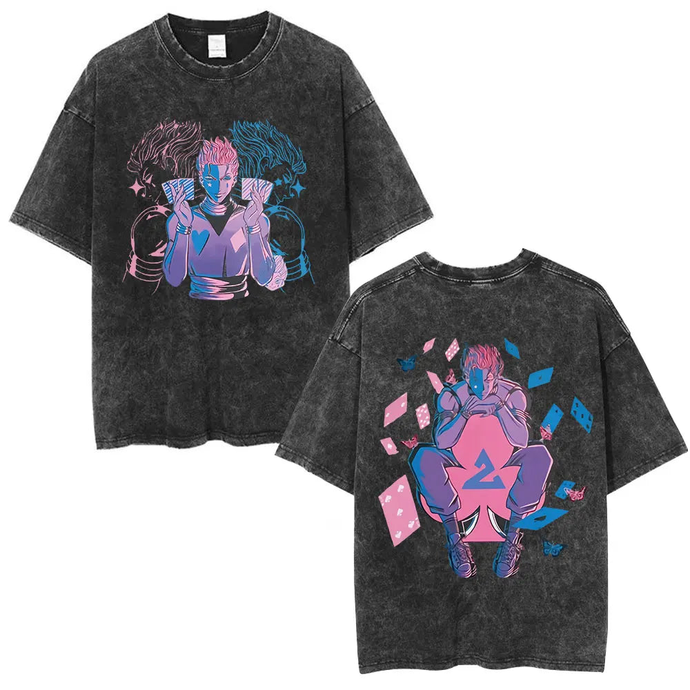 Anime Hunter X Hunter Logo Vintage Washed T Shirt Killua Gon Cherry Blossom Graphic T-shirt Men Fashion Casual Oversized Tshirt