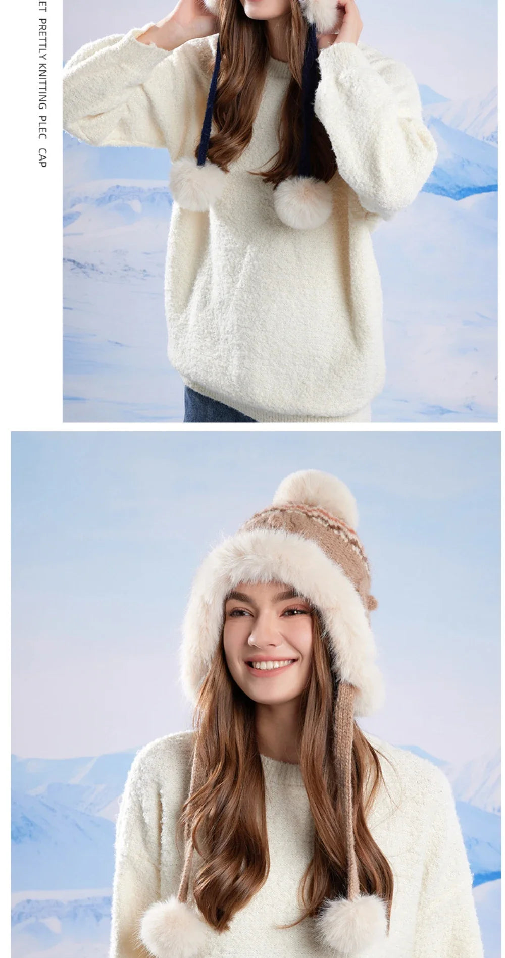 New Thick Warm Women Winter Hat Skullies Beanies Knitted Fur Hat Three Fur Ball Beanie Hat Female Earflap Cap Russian Hat