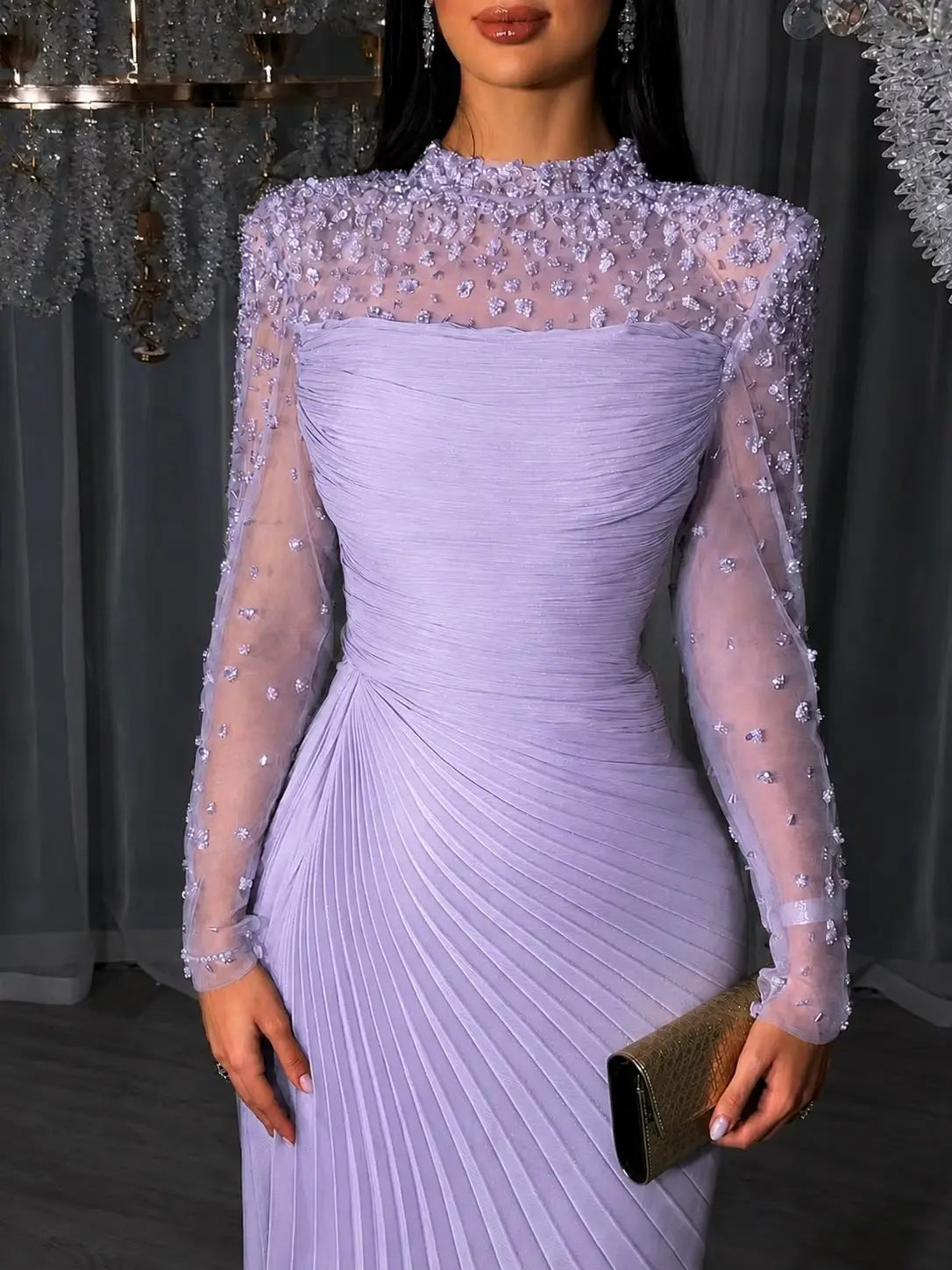 Women'S Formal Evening Gowns Customize Scoop Neck Beading Luxury Evening Dresses Long Sleeves Straight Floor-Length