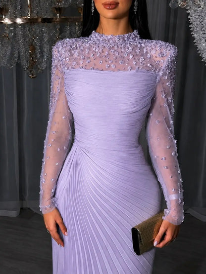 Women'S Formal Evening Gowns Customize Scoop Neck Beading Luxury Evening Dresses Long Sleeves Straight Floor-Length