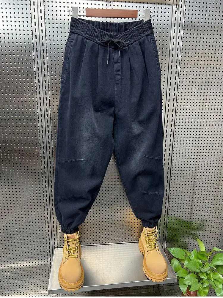 Drawstring Menswear Clothing Handsome Spring New Men's Jeans Korean Elastic Waist Buttons Decorative Fashion Harlan Pants Men