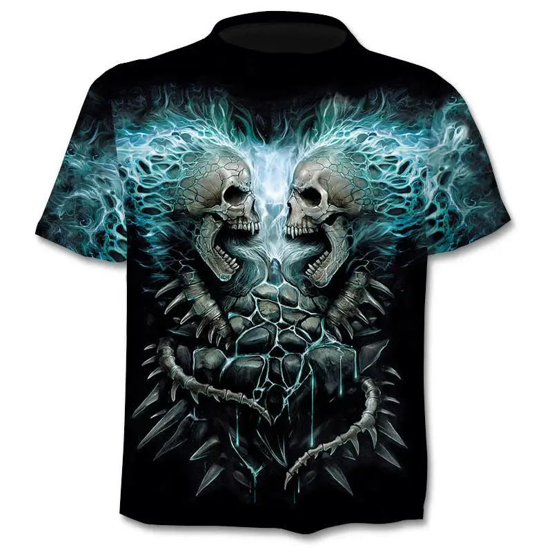 New retro street punk motorcycle men's T-shirt 3D shirt casual fashion hip-hop horror short sleeved round neck men's clothing