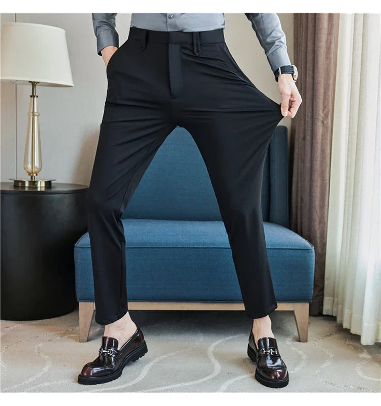 Mens Dress Pants Trousers 2025 Summer New Thin Breathable Solid Casual High Elastic Slim Fit Suit Pants Streetwear Men Clothing
