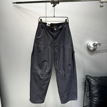 Mens Cargo Pants American Trendy Solid Black Cotton Heavyweight Wide Leg Loose Straight Streetwear Casual High Quality Pants
