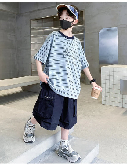 2026 Kids Top and Bottom Clothes Summer Set For Tweens Boys Casual Striped Tracksuit Outfit Children Cargo Clothing 2PCS Suit