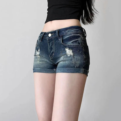 Summer Women Hole Denim Shorts Sexy Low Waist Slim Fit Hot Rhinestones Short Jeans Woman Retro Y2K Streetwear Roll Up Hem Shorts