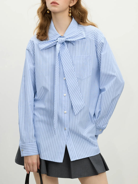 Office Lady French Bow Tie Striped Shirt for Women Spring Loose Fit Shirt College Casual Women Top for Women 25FS11060