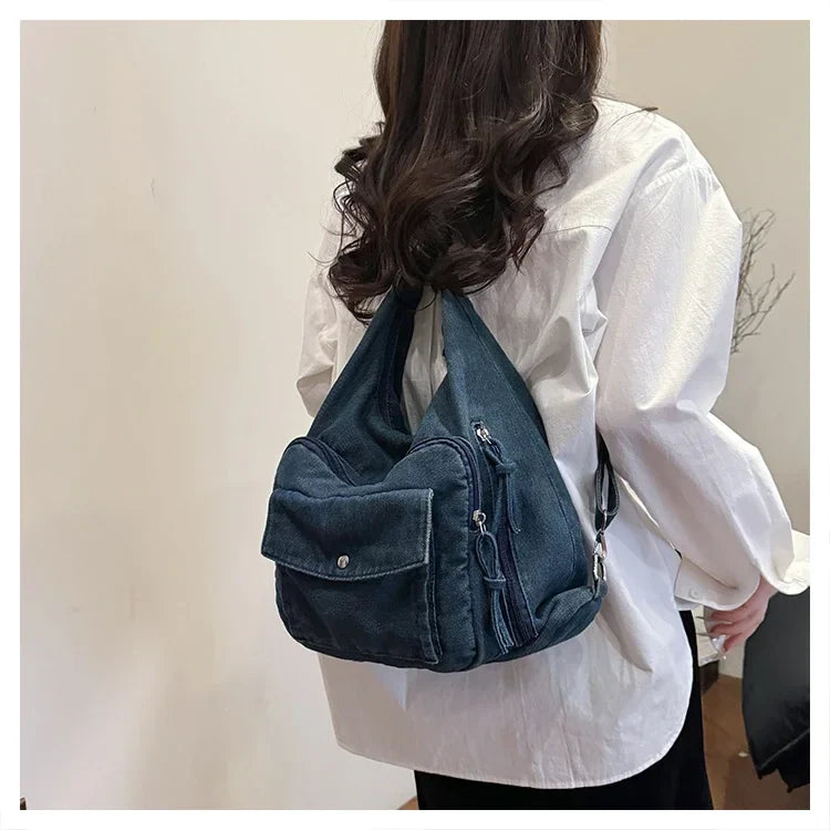 Solid Color Denim Trendy Shoulder Bag for 2025 High Quality Fashion Zipper Large Capacity Versatile Women's Crossbody Bag