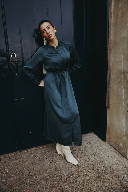 AS AW25 satin dress elegance lady ruffled neck woman clothes with Removable belt