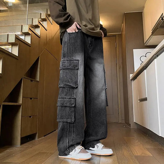 Autumn New Men's Loose Jeans Multi-pocket Work-wearing Jeans Street Hip-hop Straight Wide-leg Pants Baggy Dance Pants