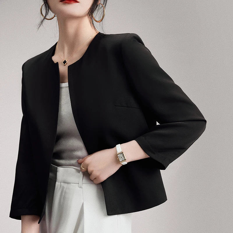 Light Luxury Short Jacket For Women New Spring-Summer Style Round-Neck Blazer Niche Style Simple Cardigan Outerwear