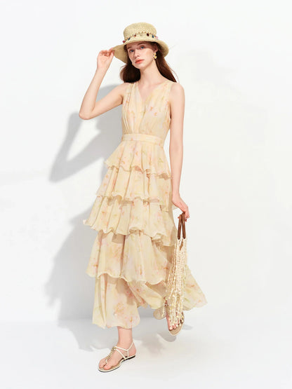 2026 Summer French-Inspired Floral Ruffle Hem Sleeveless V-Neck Tiered Maxi Dress - Romantic for Vacation and Daily Wear