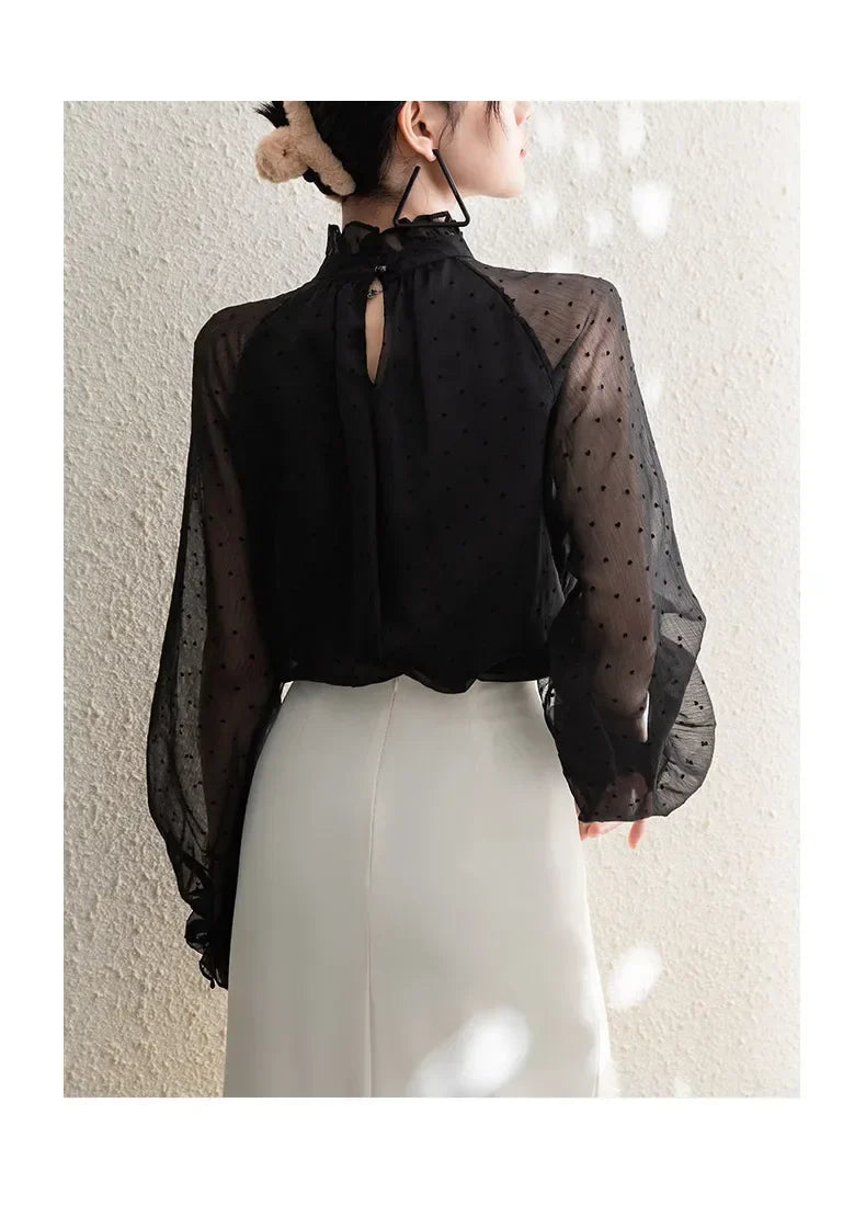 Spring Summer Black Polka Dots Mesh Women's Chiffon Blouses 2025 New Long Sleeve Stand Collar Vintage Loose Shirts Female