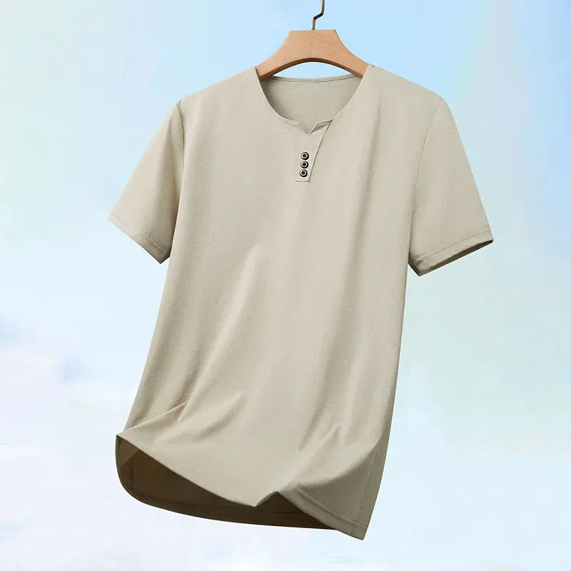 2026 New Men's Business Casual Three Button V-neck Short Sleeved T-shirt Korean Style Summer Comfortable Versatile Top
