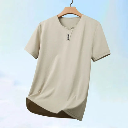 2026 New Men's Business Casual Three Button V-neck Short Sleeved T-shirt Korean Style Summer Comfortable Versatile Top