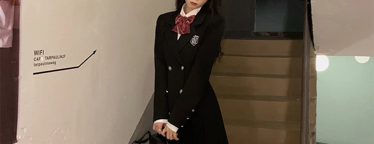 Sweet Style Suit Dress Korean Drama Main Character Waist Cinched Beautiful  Skirt College Style High Waist Double Breaste...