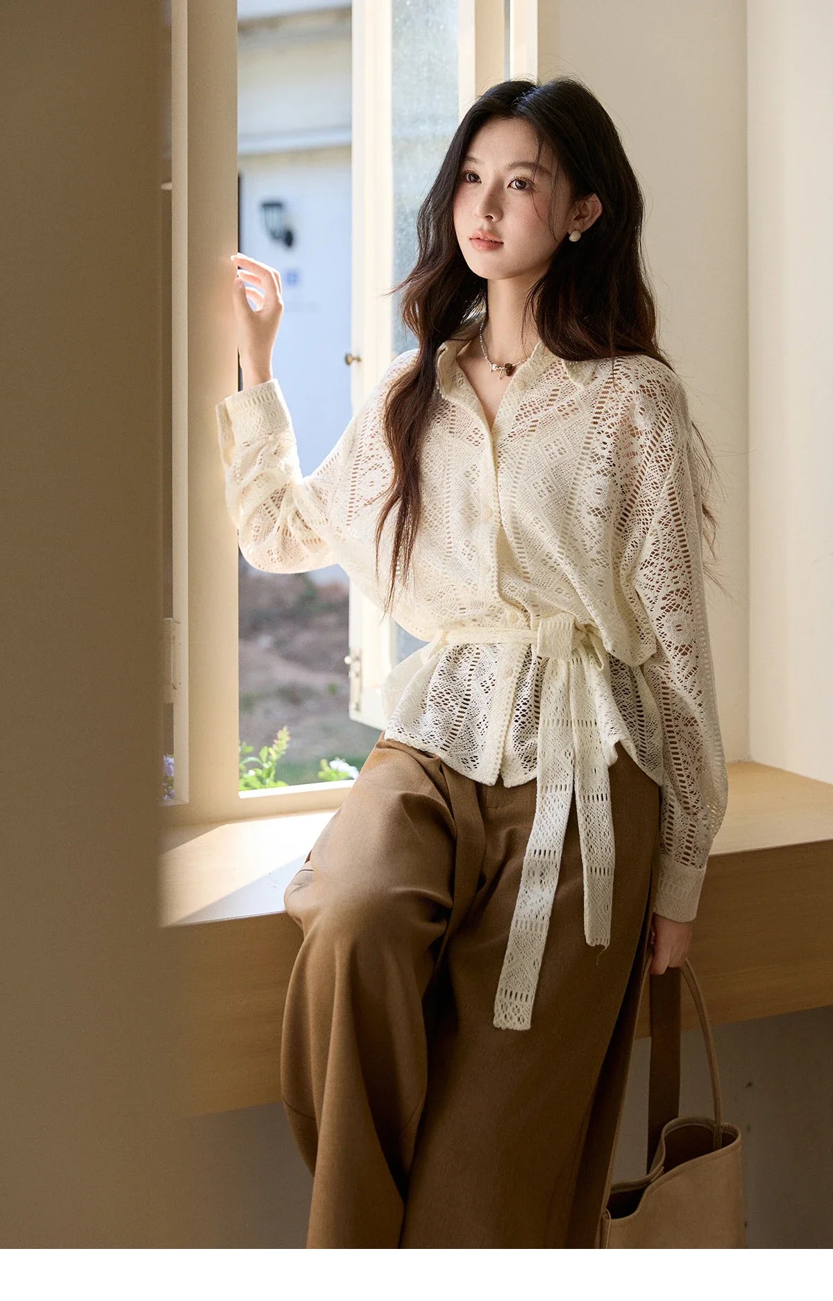 Women's Hollow-out Lace Shirt Camisole Set 2026 Spring Lapel Drawstring Waist Sheer Casual Two-Piece Knitwear MXF108C0816