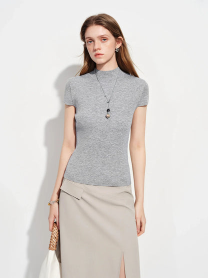 2026 Spring Women's Semi-High Neck Solid Wool Knit Sweater - Slim Fit Short Sleeve Simple Top for Casual Office Wear