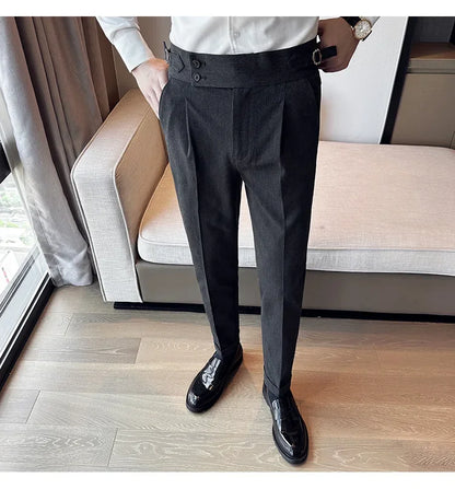 Autumn Winter High Waist Business Dress Pants Men Casual Belt Design Slim Suit Pants Formal Wedding Social Party Male Trousers