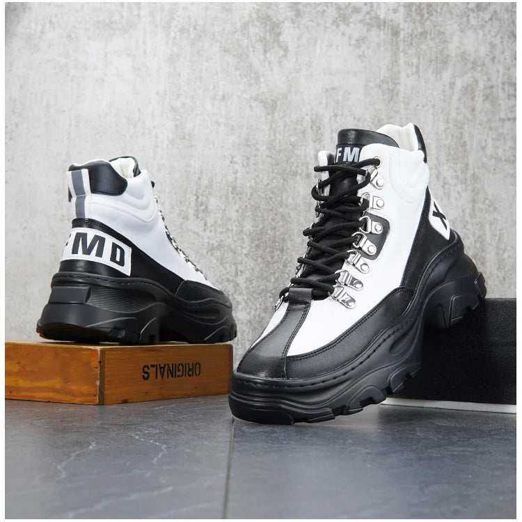 White High Top Board Boots for Men Thick Soled Men Boots with Elevated Height Inside Outdoor Casual Versatile High-top Shoes