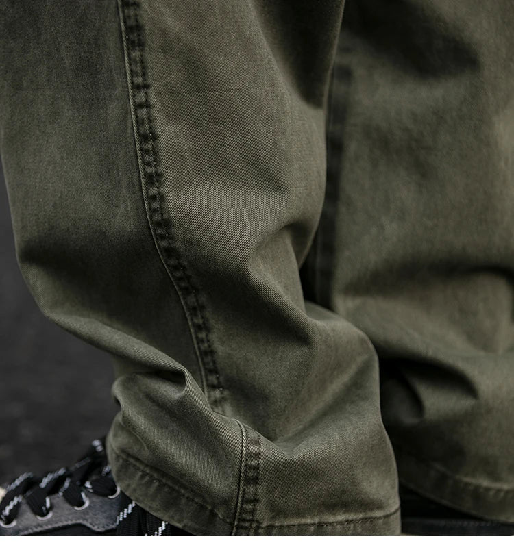 Spring Summer Cargo Pants Men Cotton Enzyme Wash Distressed Loose Fit Straight Leg Khaki Drawstring Elastic Waist Casual Pants