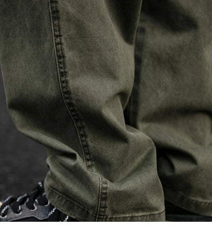 Spring Summer Cargo Pants Men Cotton Enzyme Wash Distressed Loose Fit Straight Leg Khaki Drawstring Elastic Waist Casual Pants
