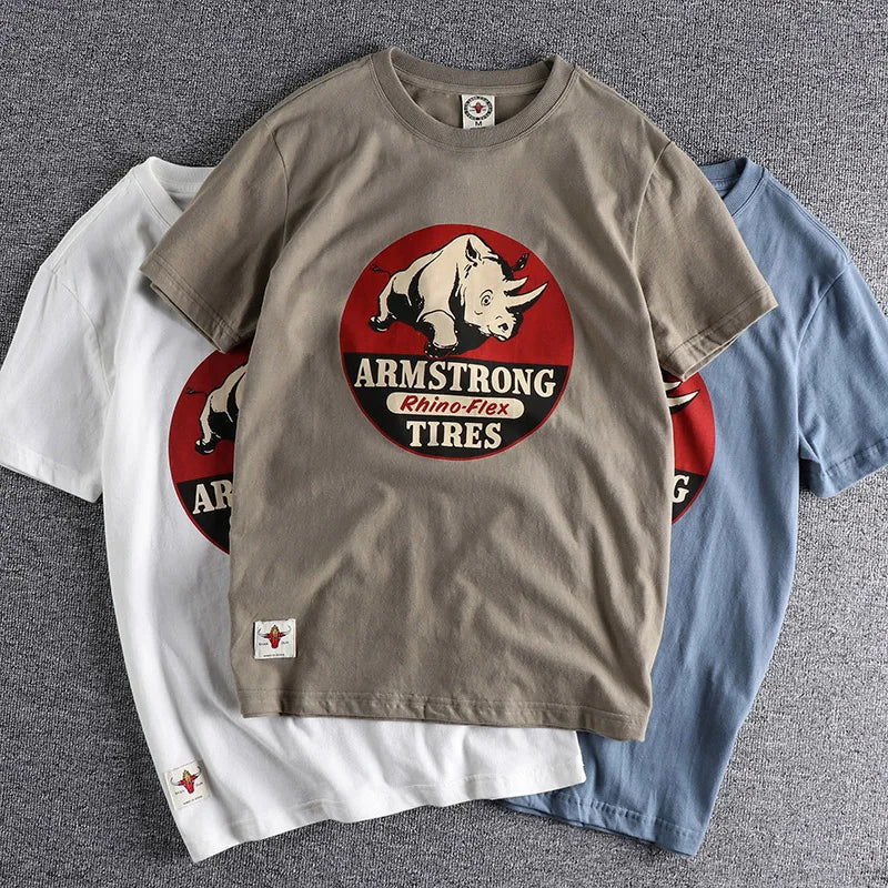 Summer New American Retro Short-sleeved O-neck Rhino Printed T-shirt Men's Fashion Simple 100% Cotton Washed Casual Sport Tops