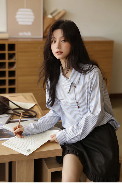 Women's Striped Asymmetric Shirt 2025 Autumn New Arrival Vintage Loose Long Sleeve Tops Commuter Woman Clothes MXE42C2375