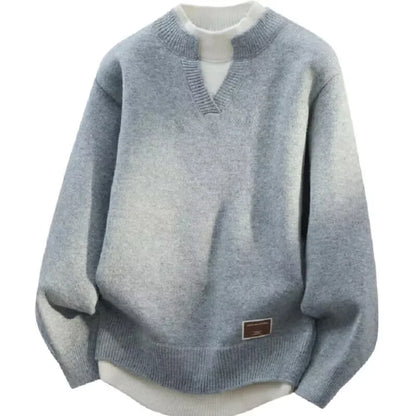 Fake Two Piece Pullover Cardigan Men Round Neck Long Sleeve Clothing Thermal Warm Comfortable Youth Casual Knit Sweater