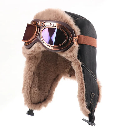 Retro Unisex Aviator Trapper Hat Faux Fur Thick Warm With Goggles Earflap Winter Cap For Cycling Outdoor Cold Protection
