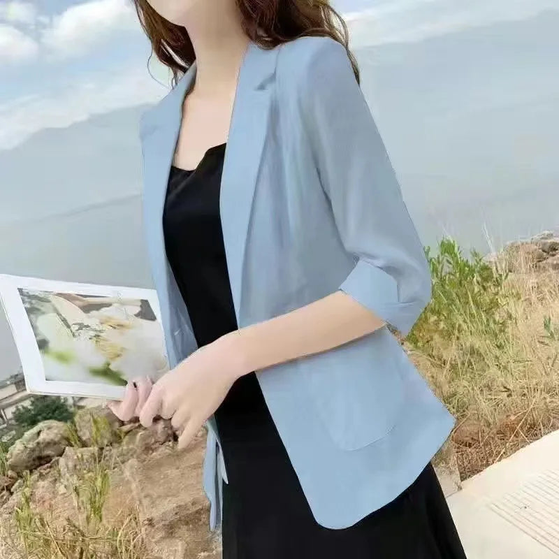 Linen Small Blazer For Women, Thin  Summer Suit, Korean Version, Sun Protection, Casual British Style, White And Black