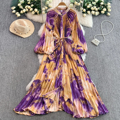 Ele Printed round Ne Lantern Sve Dr Women's Single Button Waist Cinch Maxi Skirt Long Dr Commute Sle Autumn