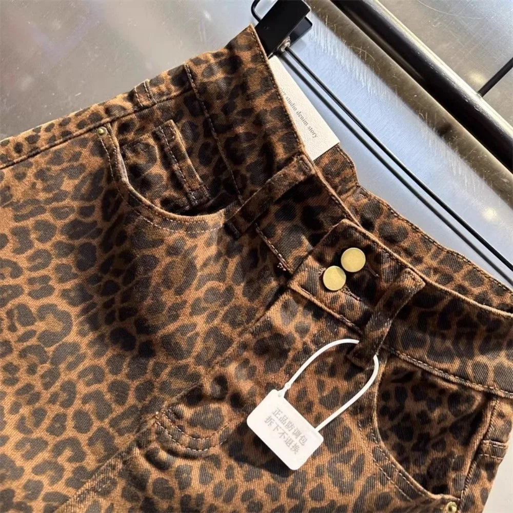 2025 Leopard Print High Waist Denim Shorts Women's New Irregular Fashion Wide-leg Pants Booty Shorts Jeans Mini Shorts Summer